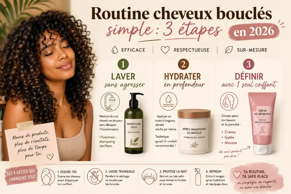 Routine cheveux bouclés simple : 3 étapes (pas 10) en 2026